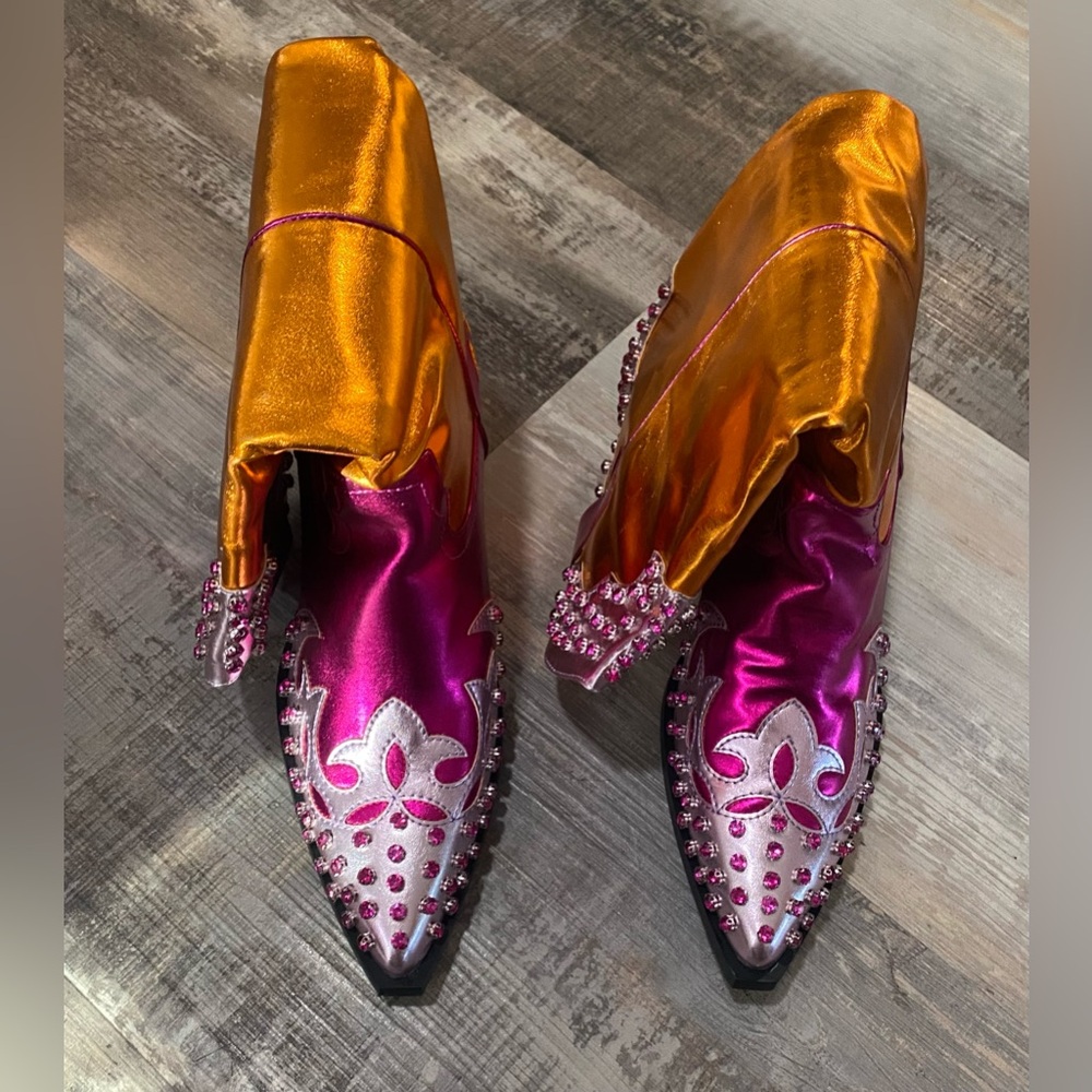 Azalea wang metallic rhinestone Pink and Orange Women's Western Boots NWOT - Picture 2 of 10